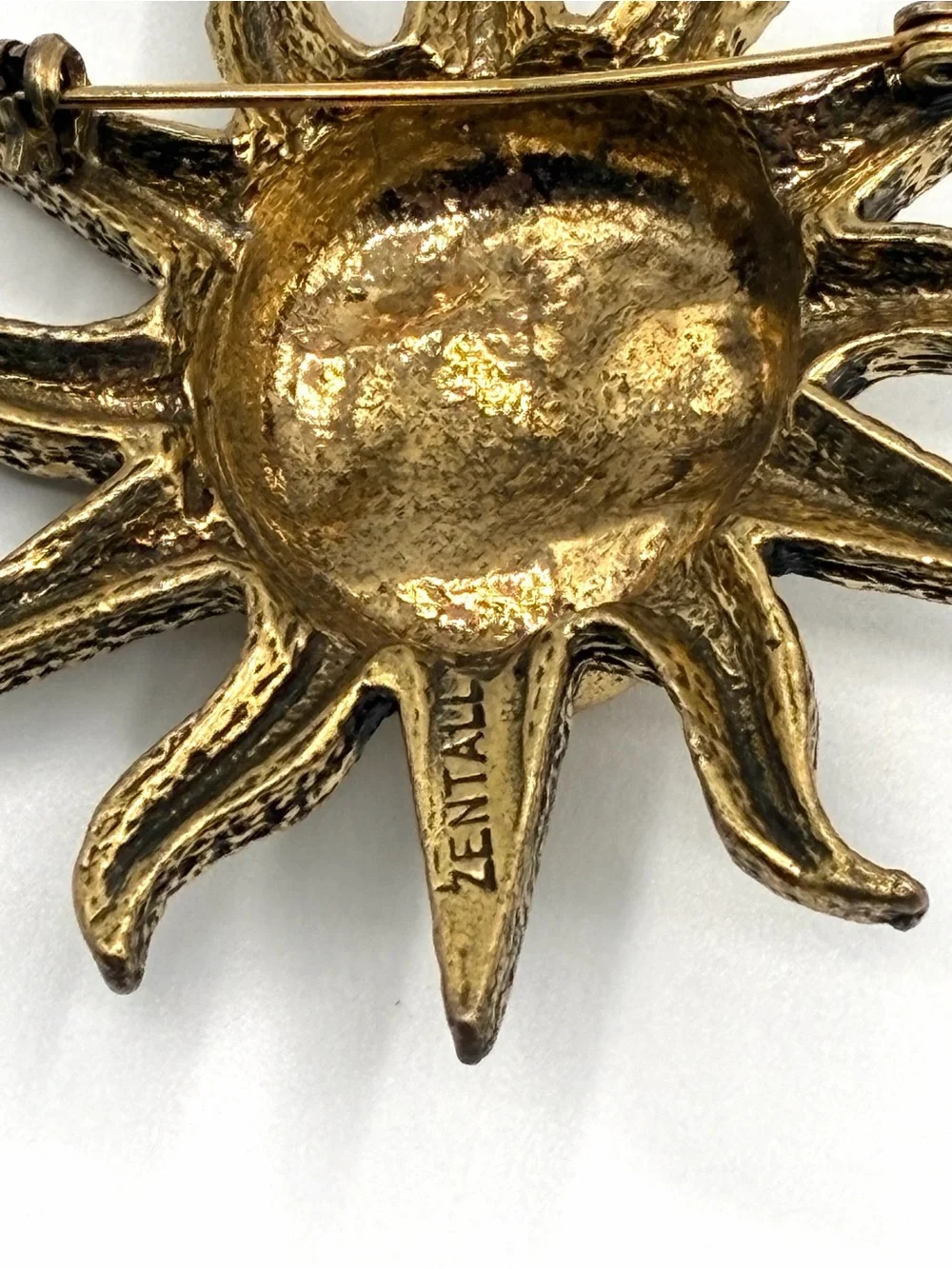 Vintage Robert Zentall Smiling Sun Celestial Brooch Gold Tone 70s